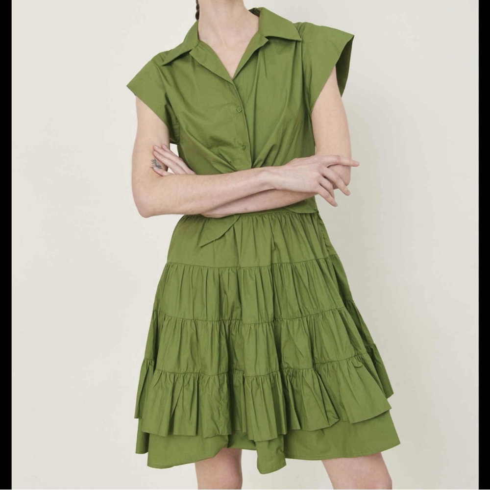 NEW DELUC Green Olive Frilly Mini Tiered Dress Sz Medium - Picture 1 of 7